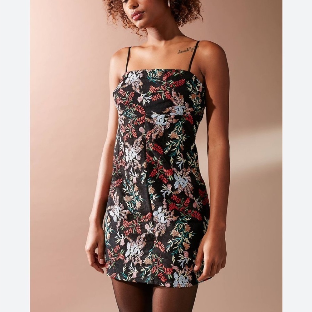 Urban Outfitters Floral Embroidered Ponte Straight Neck Mini Dress